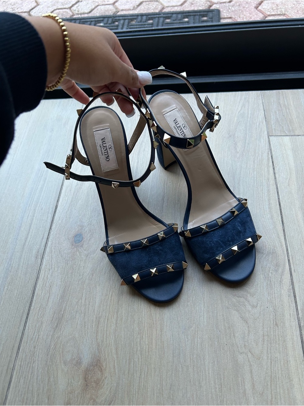 Valentino Garavani Navy Suede Rockstud Block Heels